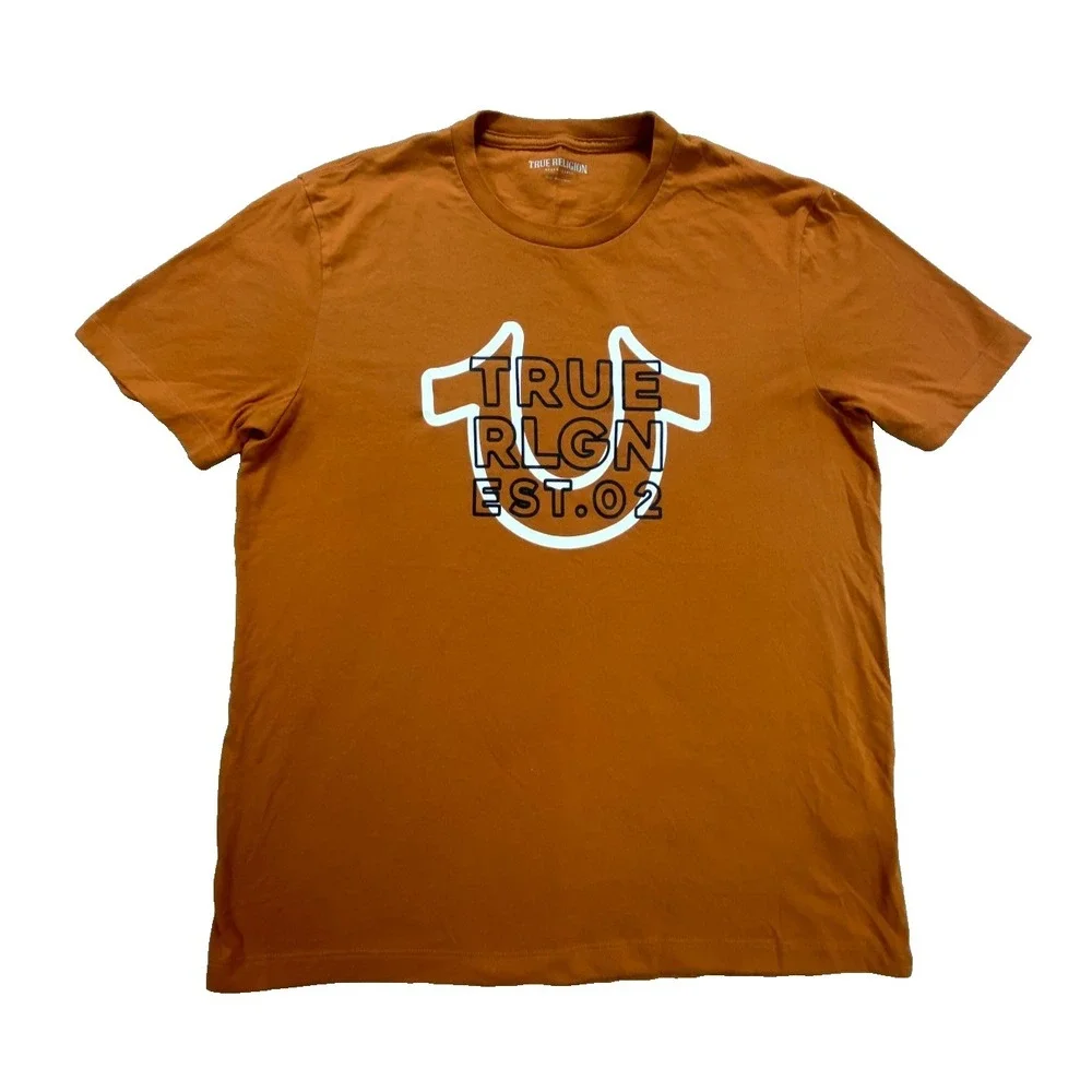 True Religion T-Shirt Mens Large Brown Horseshoe Logo‎ Graphic Cotton Crew Neck